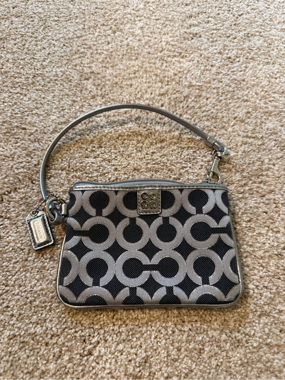 Coach Gray Silver Signature Zip Closure Canvas Wristlet